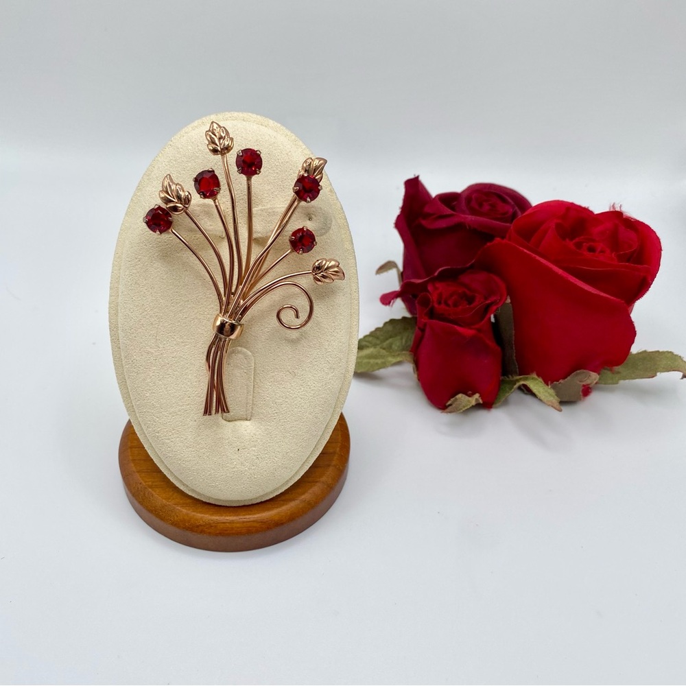 Coro Craft Brooch Sterling Rose Gold Vermeil Xmas Red Stemmed Flower Bouquet